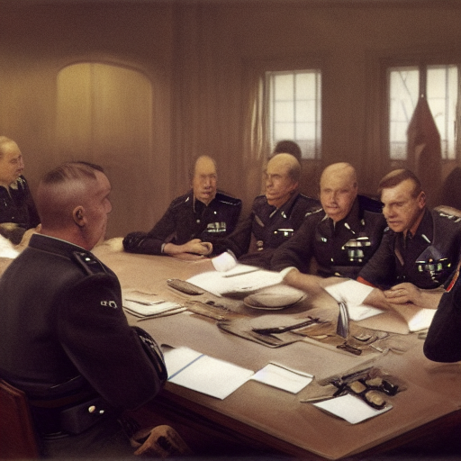 Rommel, standing at the head of a table surrounded by other officers, looks serious as he outlines the plan for the coup. The faces around the table show relief mixed with apprehension, as they know they are taking a great risk in defying Hitler and the Nazi party.